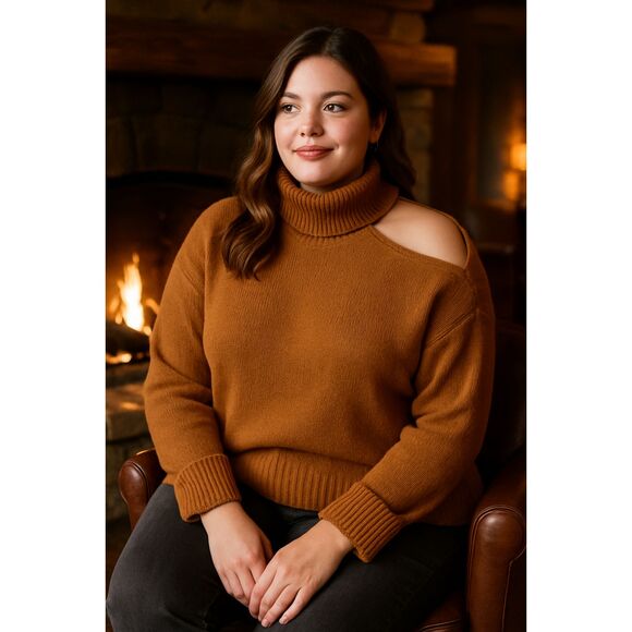 NWT 1.State Sweater XL Caramel Turtleneck Cutout Shoulder Bohochic Casual Cozy* - Picture 1 of 7